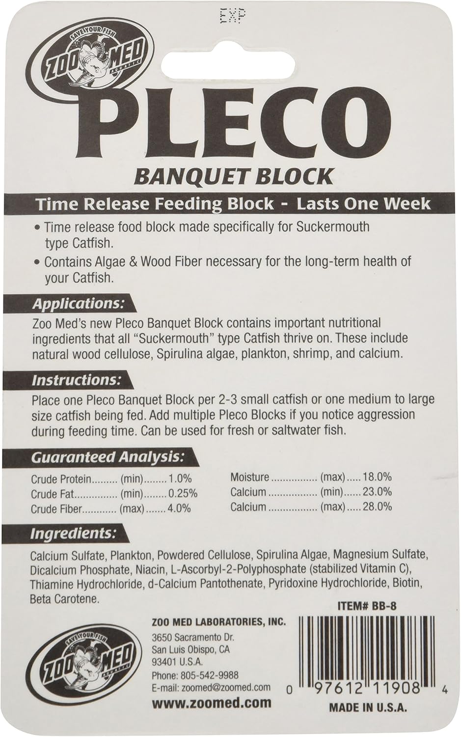 Zoo Med Laboratories AZMBB8 catfish feeder block showing the round dark colored slow release tablets