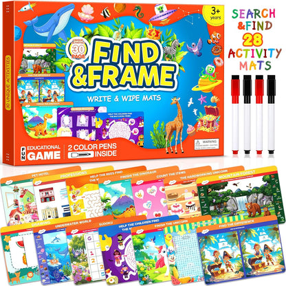 RichBoy Oharlobe search and find reusable preschool activity book front view showcasing the colourful wipe clean mats.