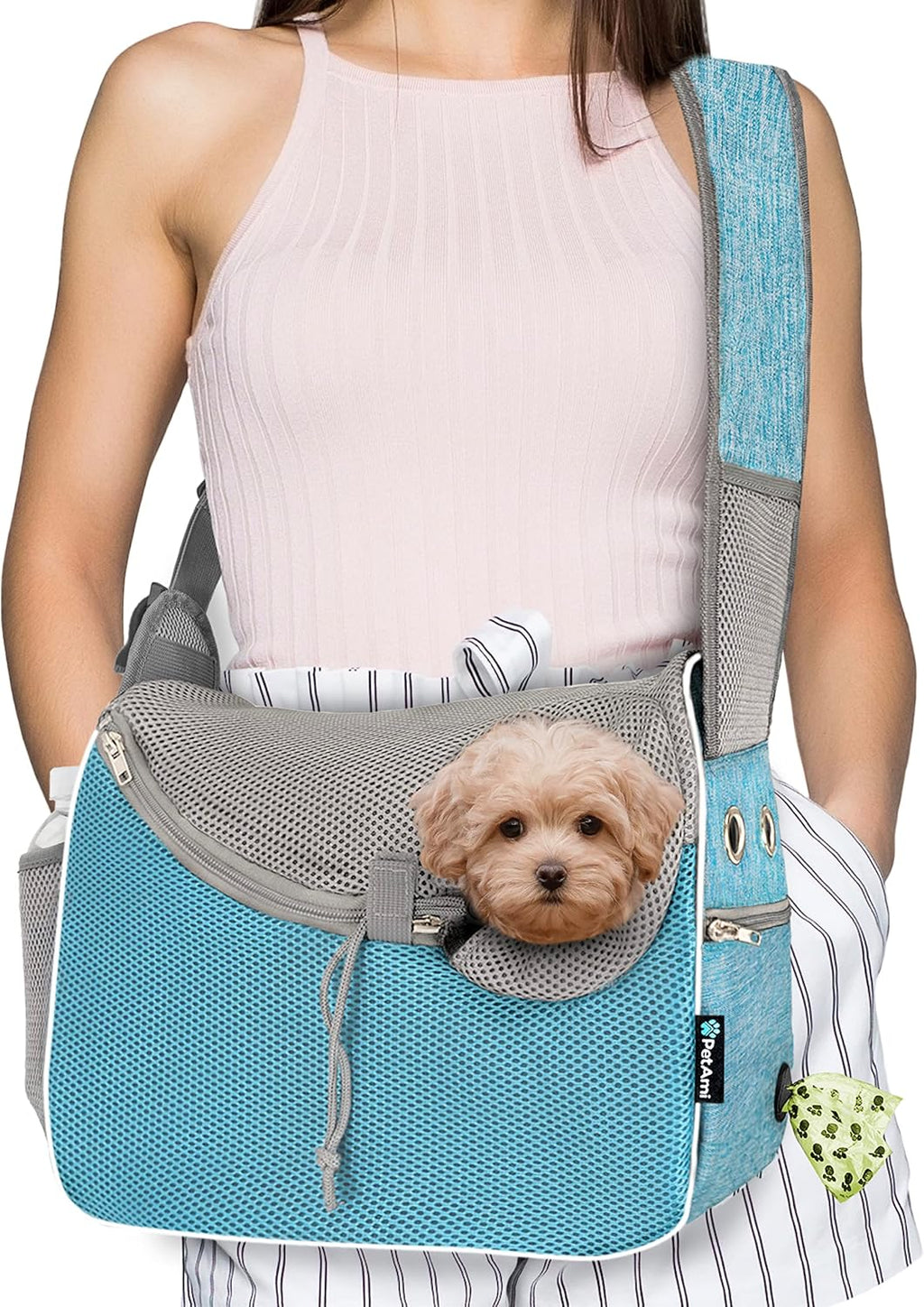 PetAmi Dog Sling Carrier for Small Dogs Under 10 lbs, Hands Free Crossbody Puppy Cat Carrier for Travel with Breathable Mesh, Padded Strap, Removable Sherpa Bed, Pockets & Poop Bag Dispenser, Pink - Image 12
