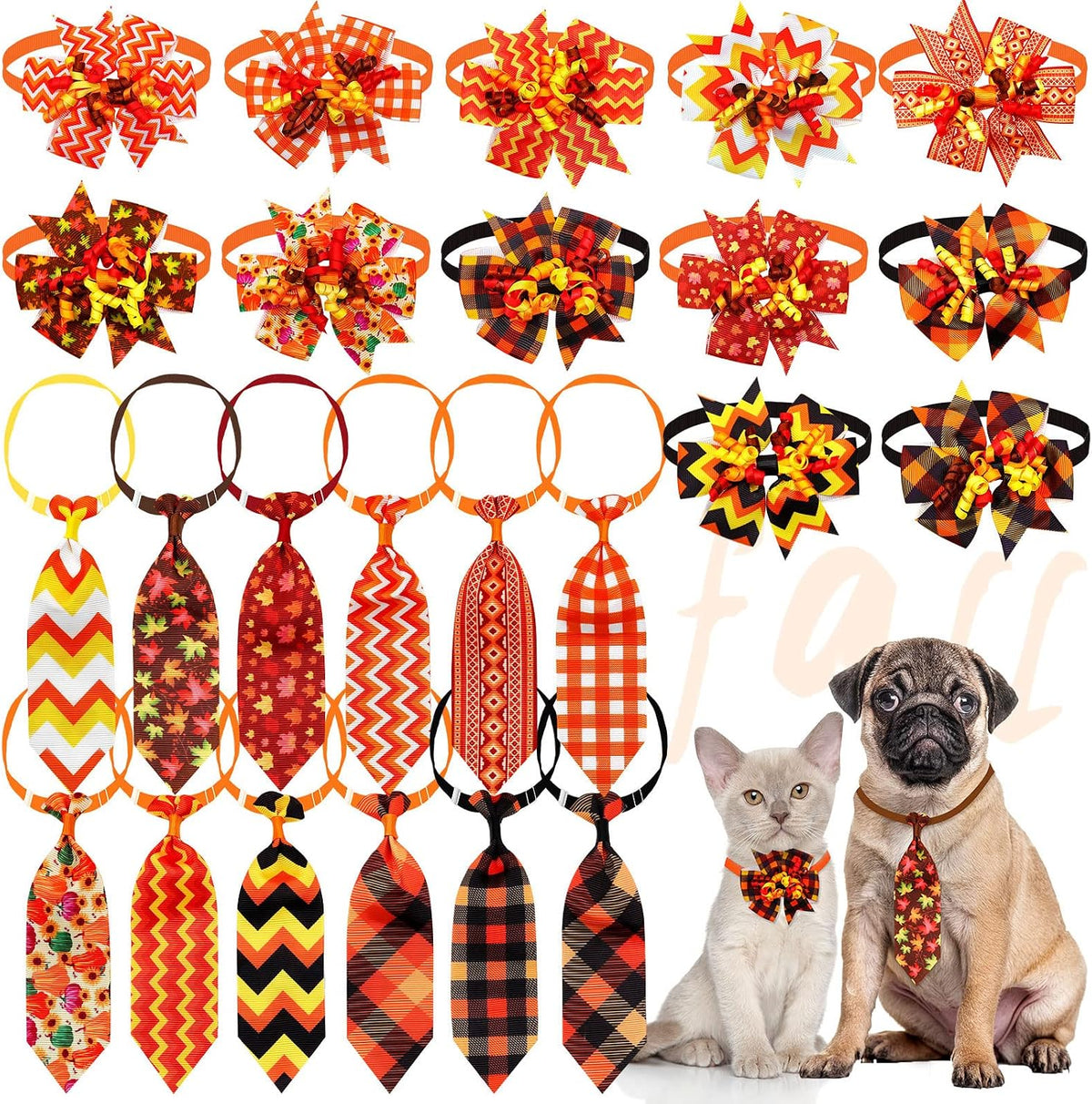 Mruq Pet Fall Dog Collar Bow Ties front view showing various pumpkin and maple leaf patterns.