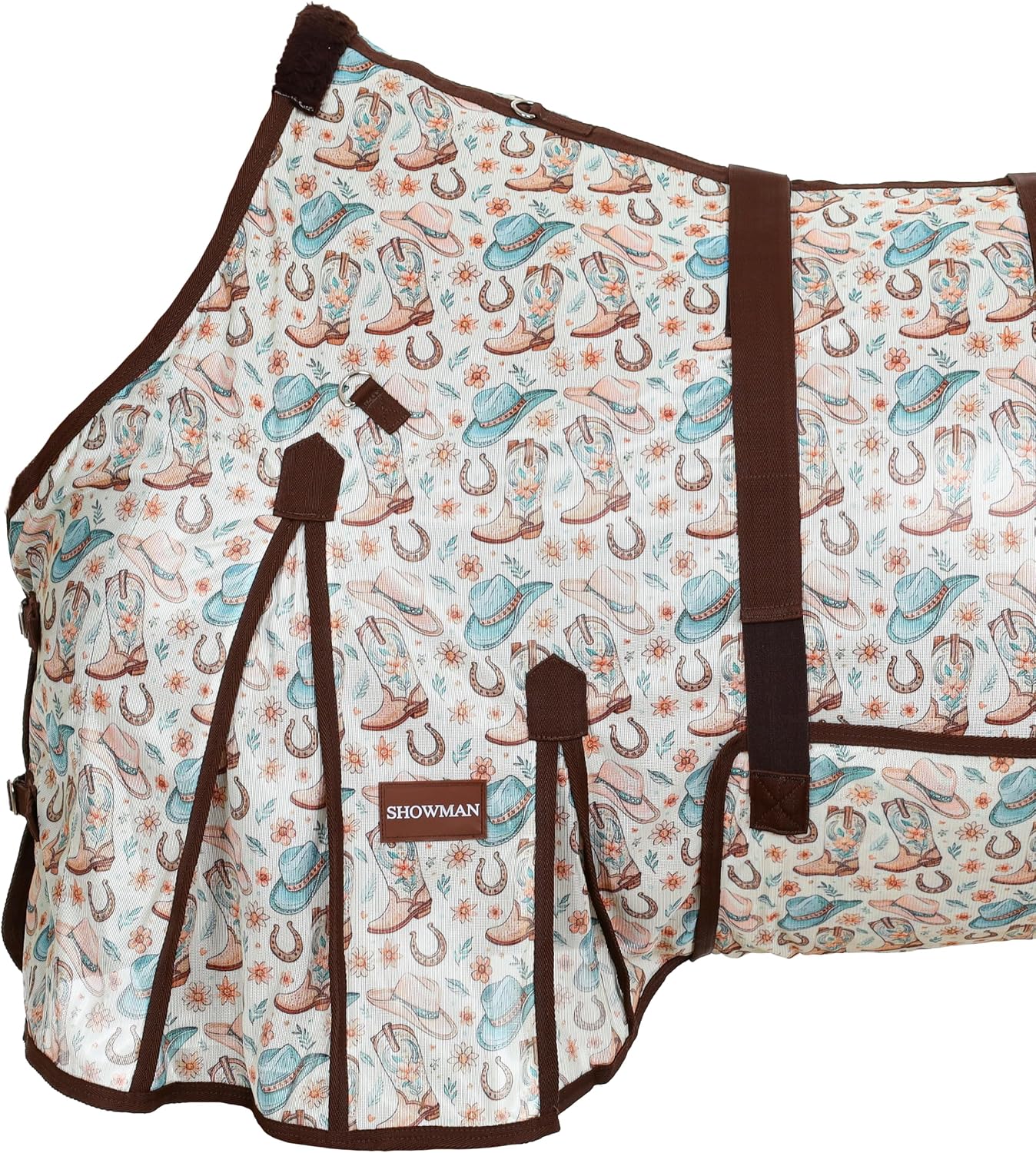 Showman breathable horse blanket with detachable neck cover and adjustable belly wrap.