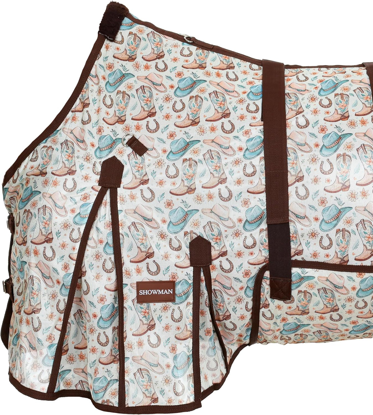 Showman breathable horse blanket with detachable neck cover and adjustable belly wrap.
