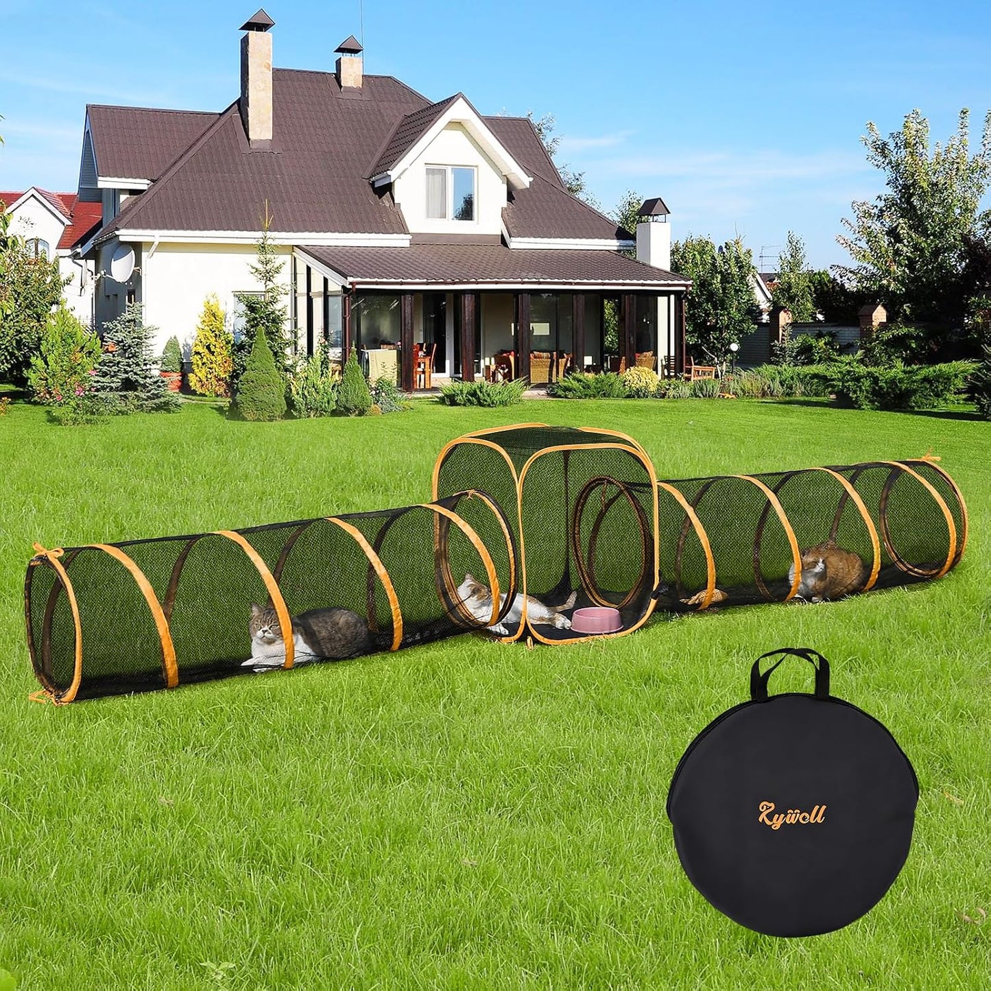 Rywell outdoor cat enclosure front view showing the central cube and connected mesh tunnels.
