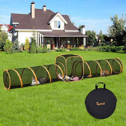 Rywell outdoor cat enclosure front view showing the central cube and connected mesh tunnels.