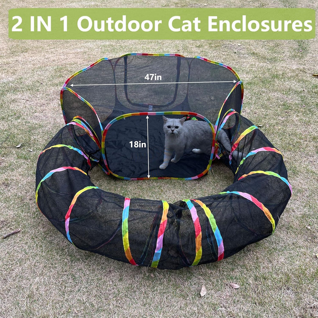 Two in one pop up cat tent and connecting tunnel layout suitable for rabbits and puppies