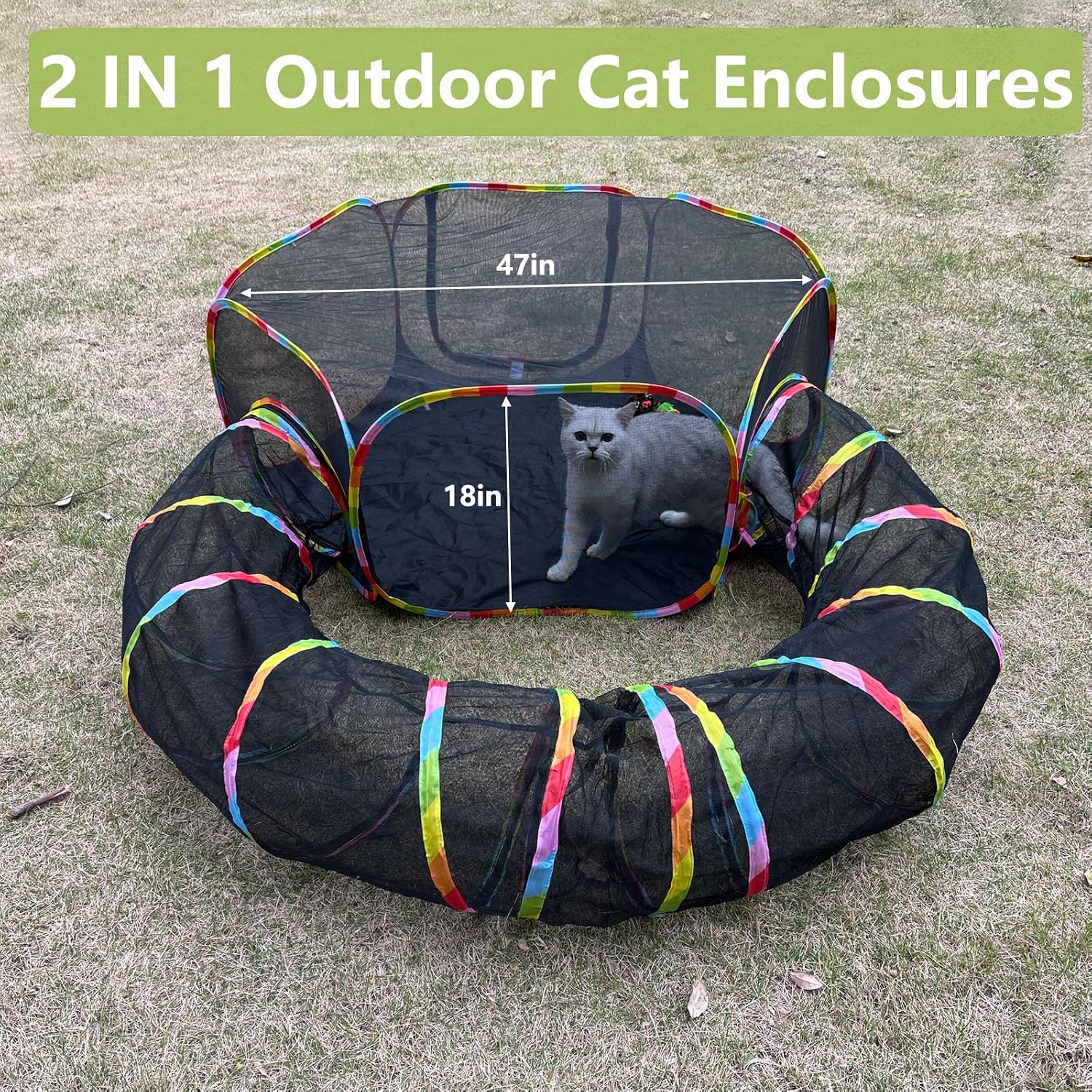 Two in one pop up cat tent and connecting tunnel layout suitable for rabbits and puppies
