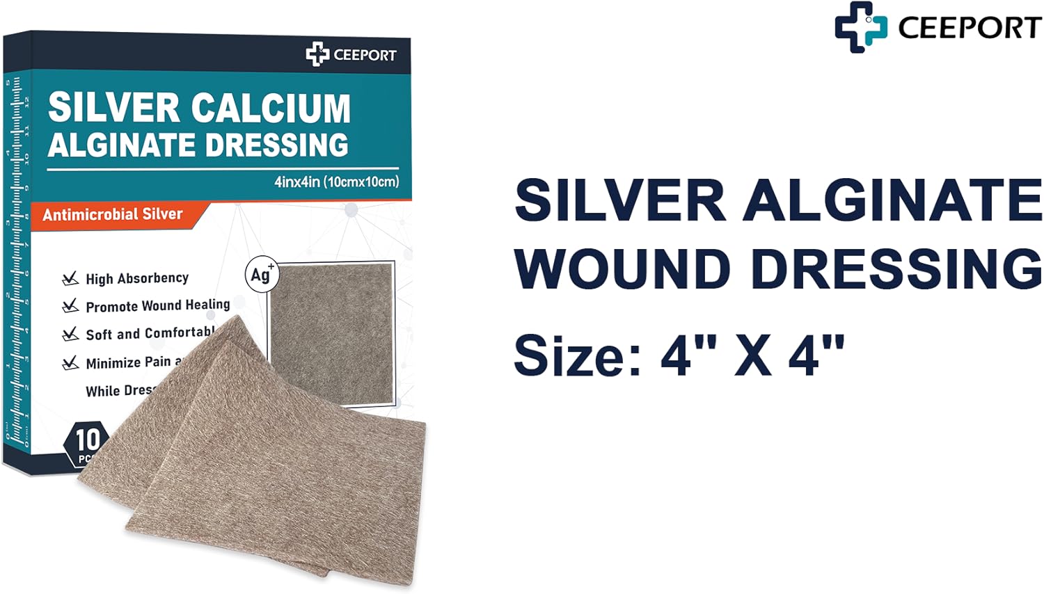 Ten pack individual silver alginate wound dressing squares for burns and ulcers
