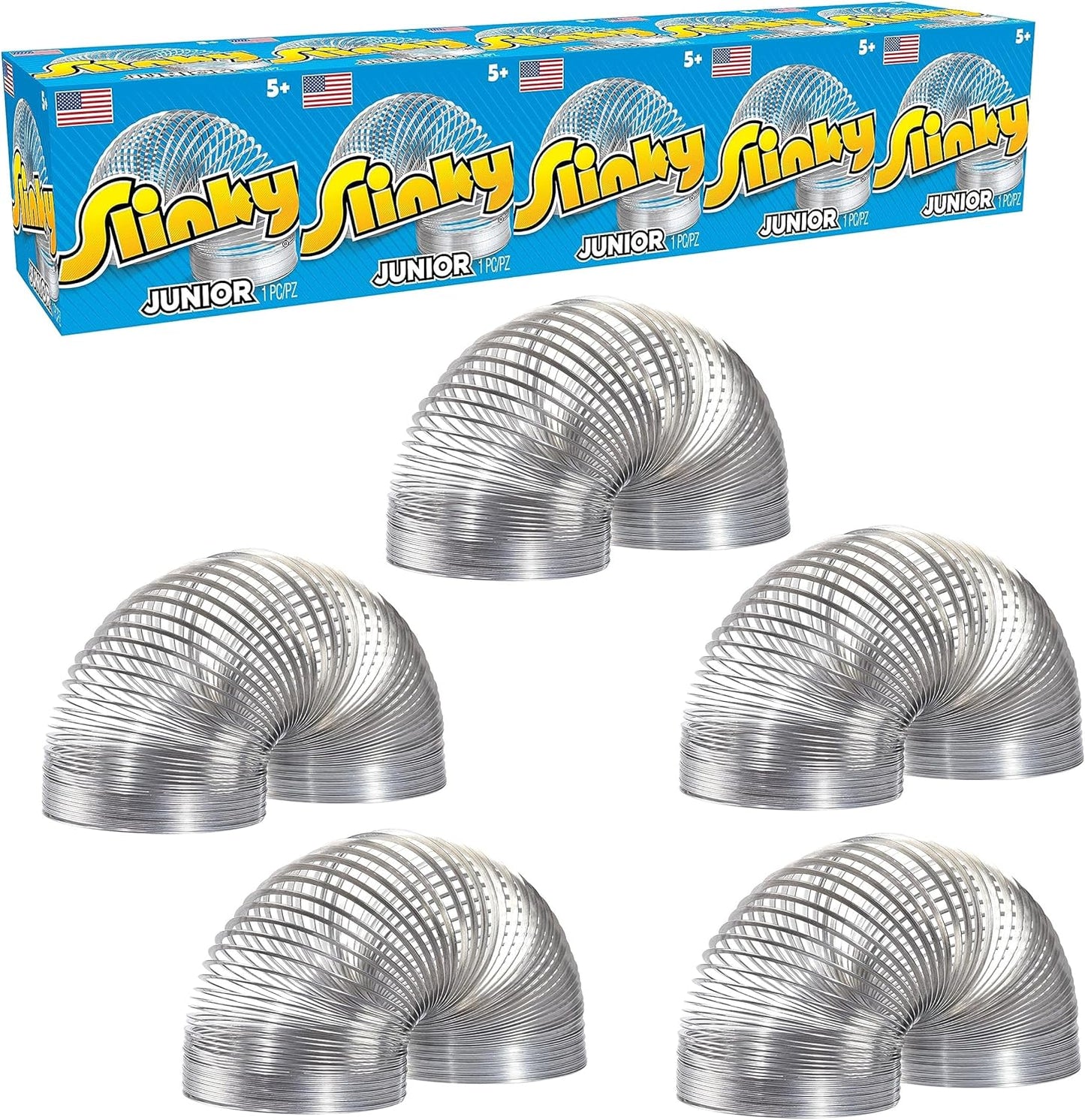 Just Play Slinky Junior Original Metal Walking Spring Toy five pack front view showing packaging.