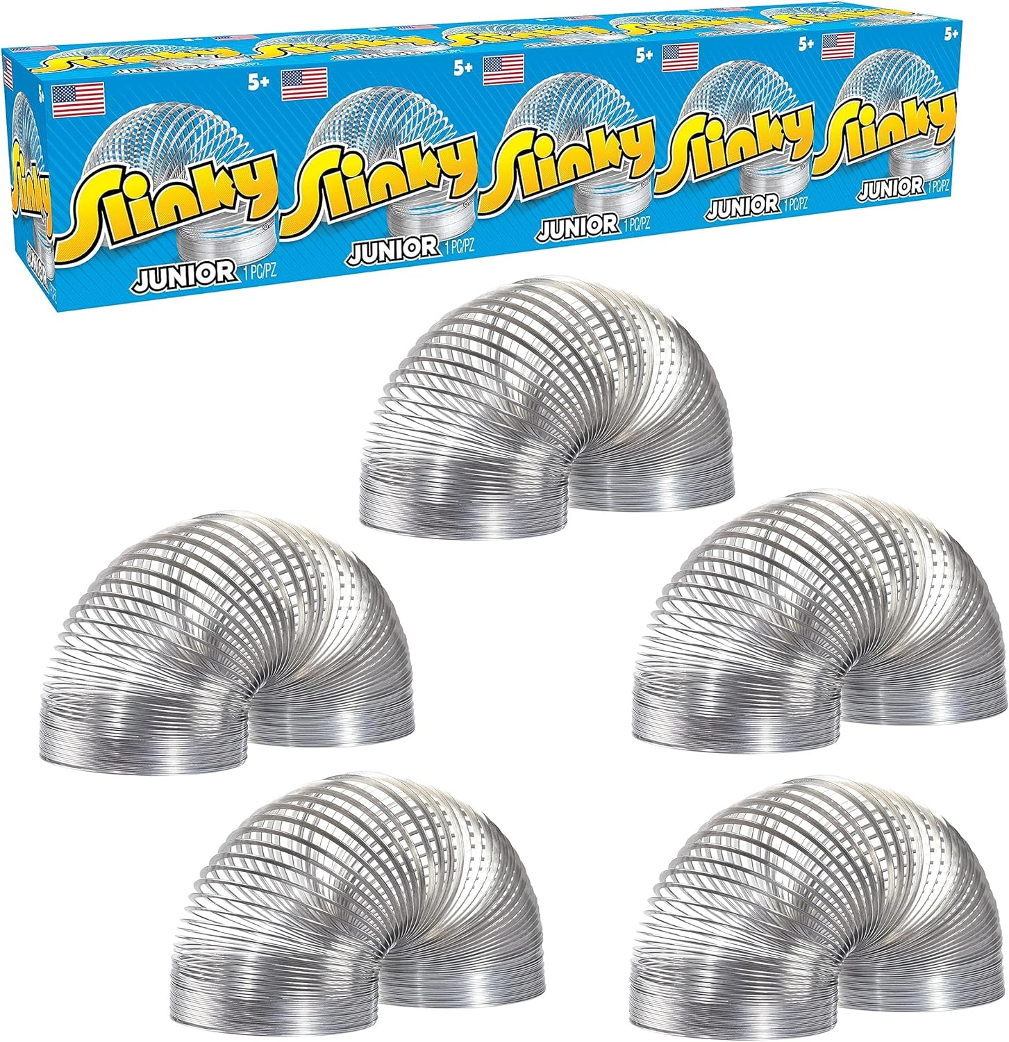 Just Play Slinky Junior Original Metal Walking Spring Toy five pack front view showing packaging.