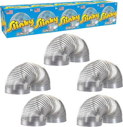 Just Play Slinky Junior Original Metal Walking Spring Toy five pack front view showing packaging.