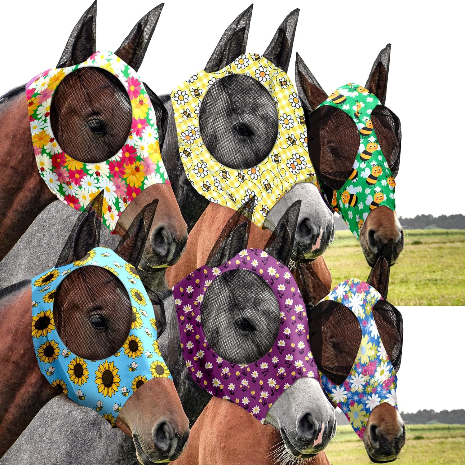 Chunful 6 Pcs Horse Fly Masks with Ears Smooth and Comfortable Mesh Fly Mask Elasticity Breathability UV Protection Horse Face Covering for Riding Supplies(Tie Dye,Large) - Image 11