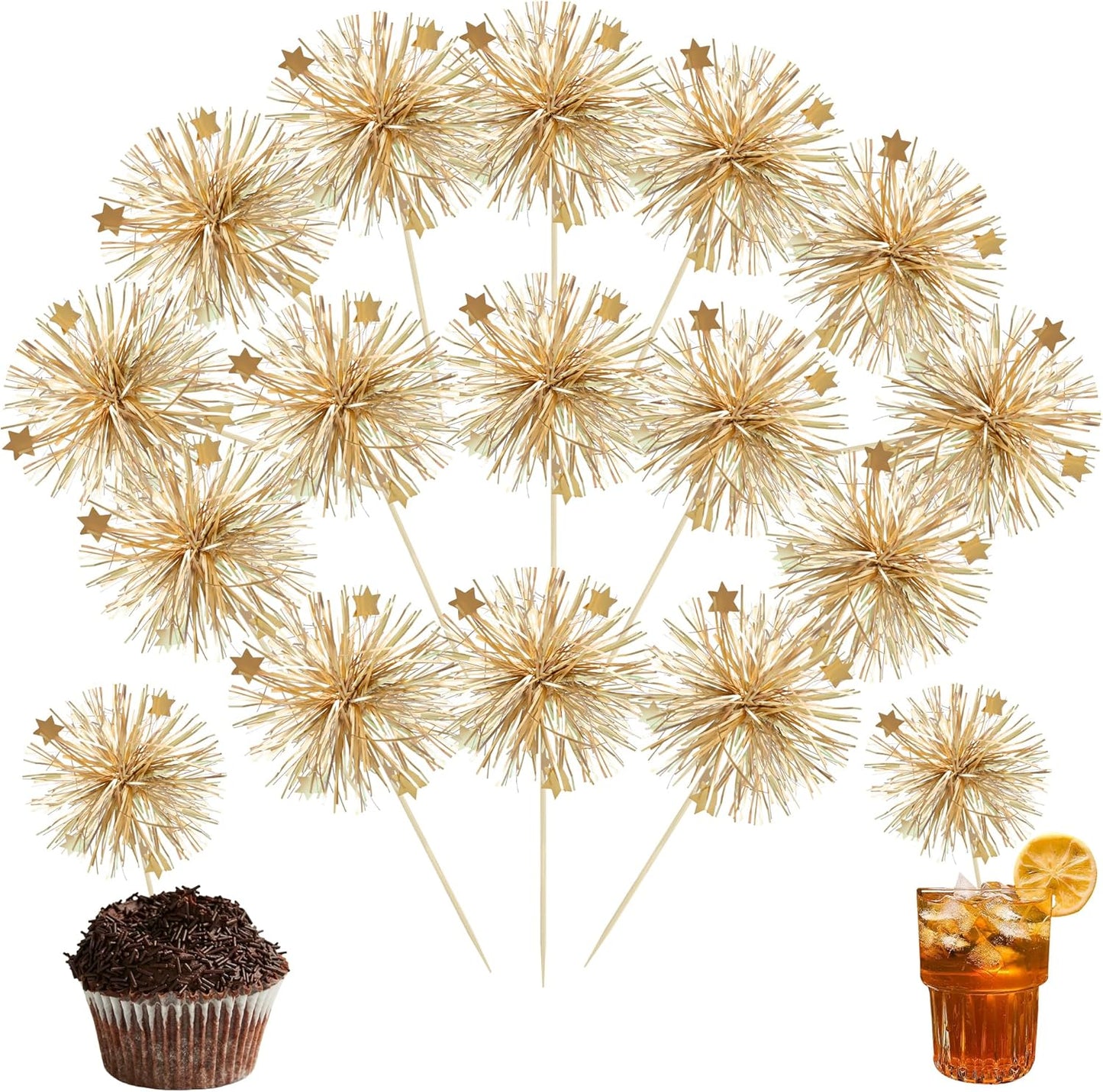 Ephlyn Foil Firework Cupcake Toppers Party Decorations Gold Front View