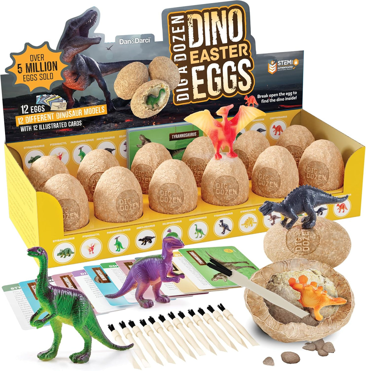 Dan And Darci Dig A Dozen Dino Egg Kit front view of the packaging and excavation box