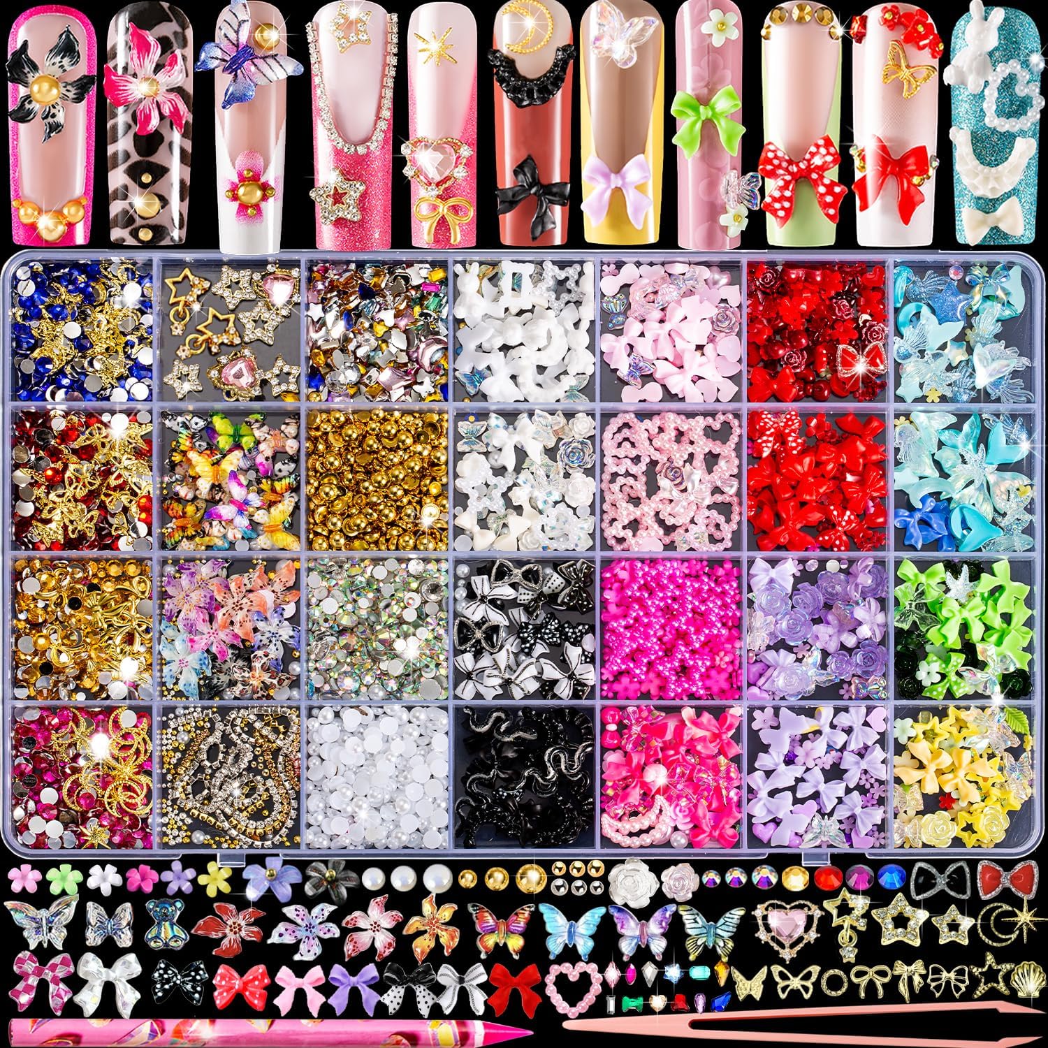 Haozher 8000 pieces 3D nail charms and gems kit front view