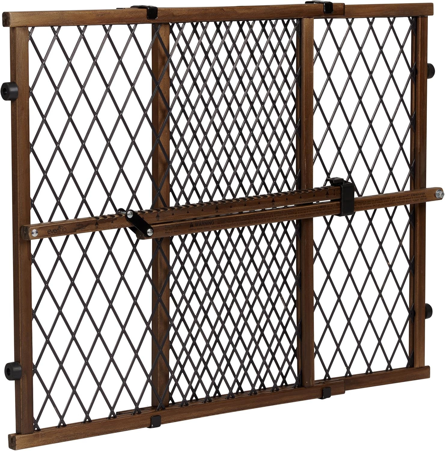 Evenflo Position and Lock Farmhouse Wood Baby Gate front view installed in a modern doorway.