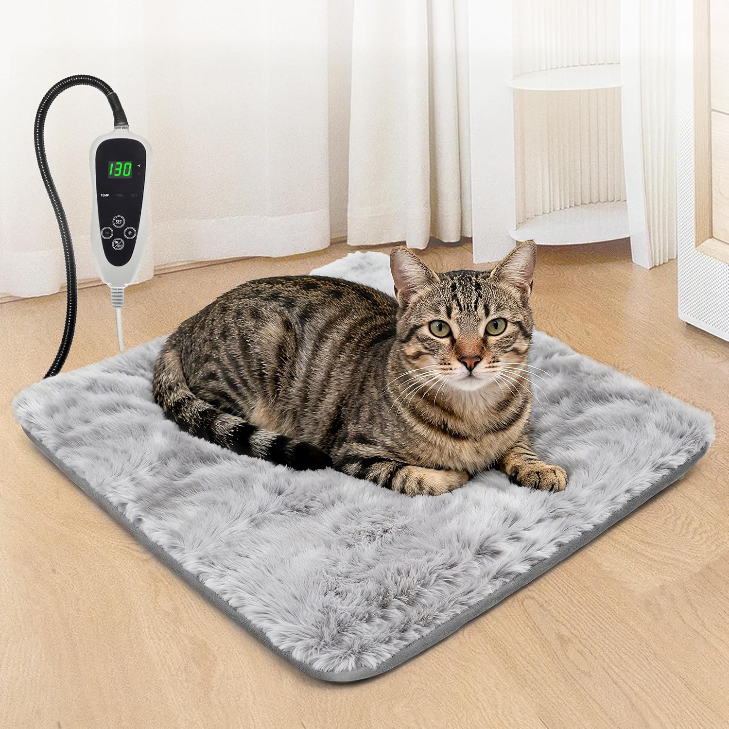 GOLOPET Cat Heating Pad front view showing the grey eighteen by eighteen inch velvet cover and smart thermostat switch.