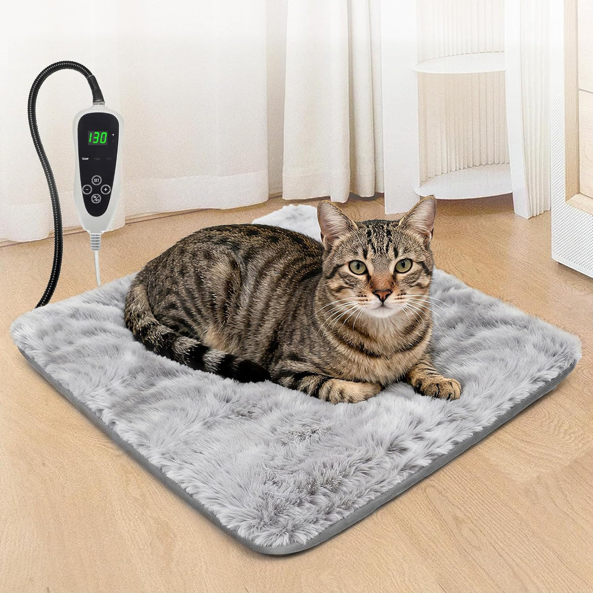 GOLOPET Cat Heating Pad front view showing the grey eighteen by eighteen inch velvet cover and smart thermostat switch.