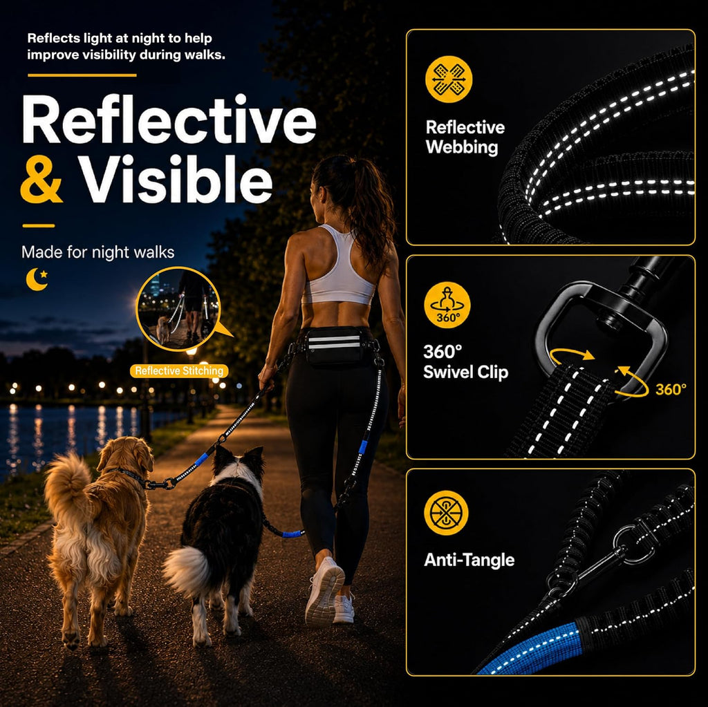 Reflective stitching details on a black hands free running belt for pet owners.