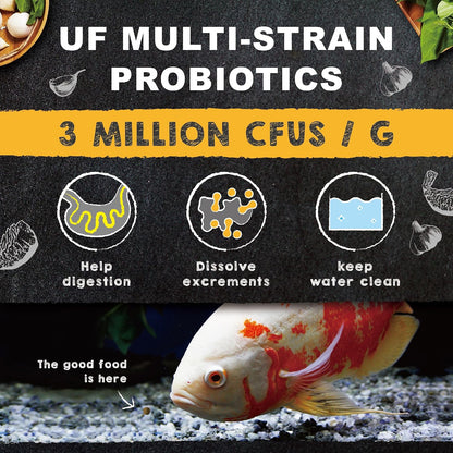 Nutrient rich aquarium food jar showing probiotics and color enhancing spirulina benefits.