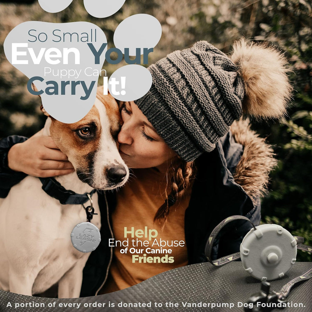 Lazy Leash compact 2pc set being held in a hand to demonstrate the ultra lightweight 2 ounce portable size.