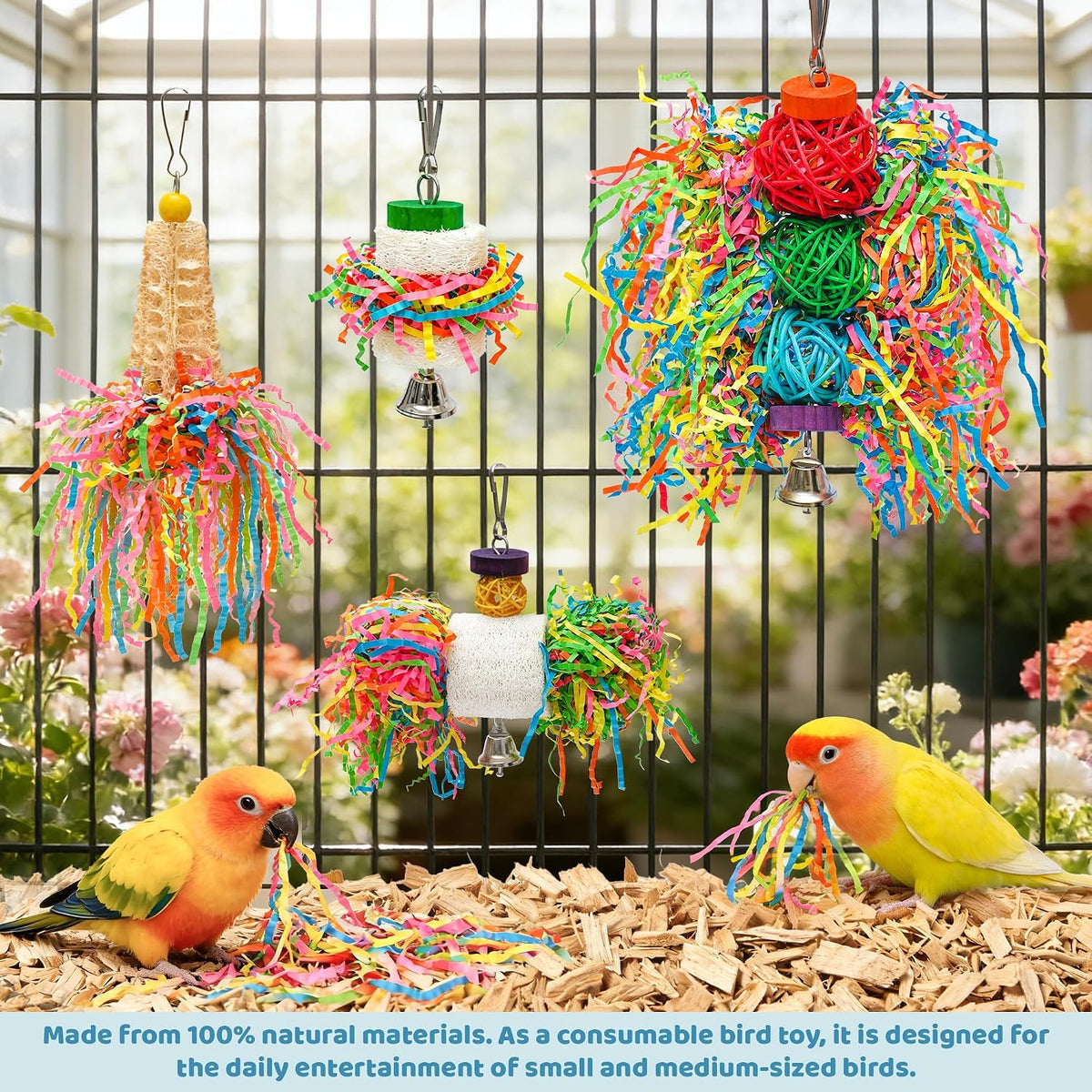 Colorful hanging bird cage enrichment accessories
