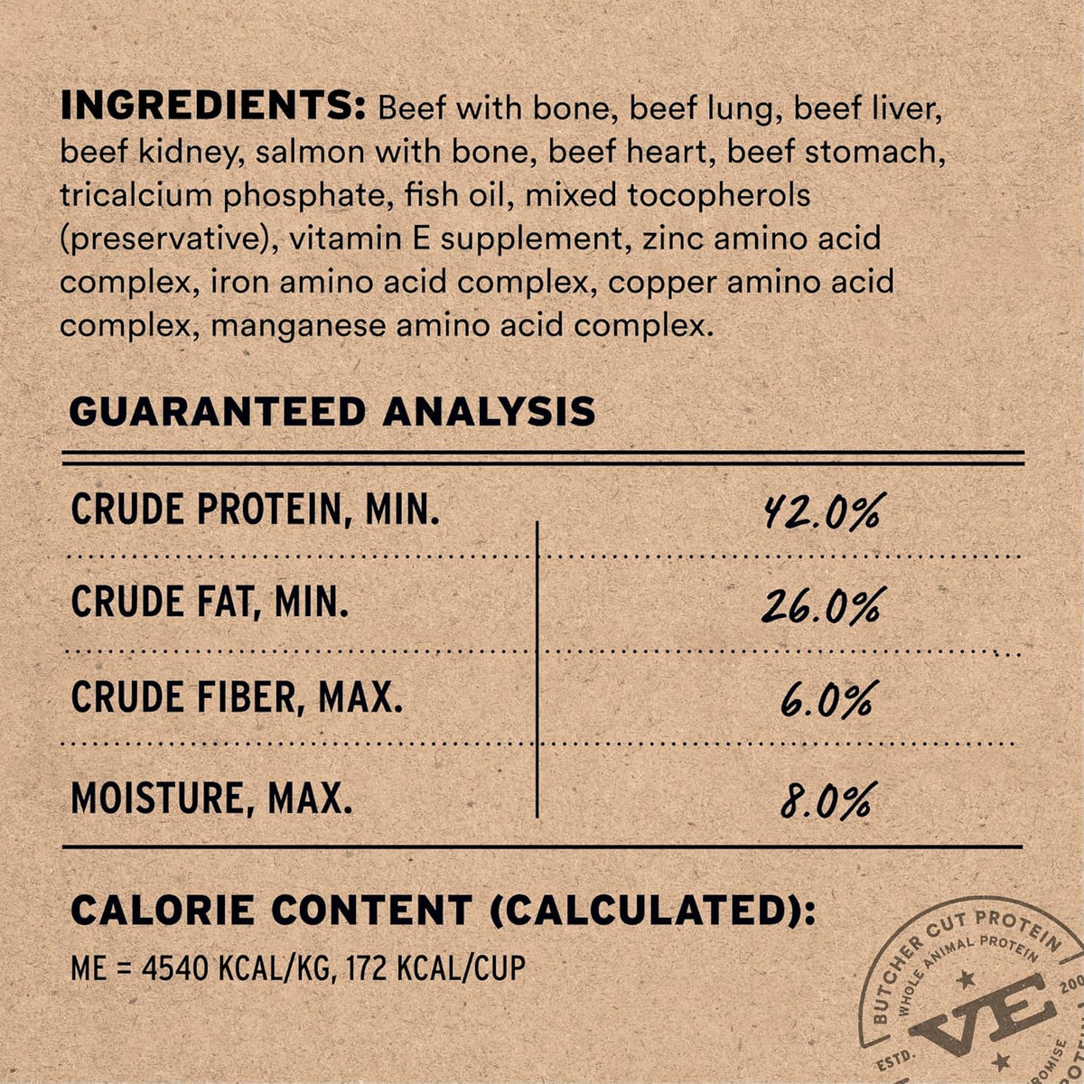 Vital Essentials grain free raw dog food ingredient label