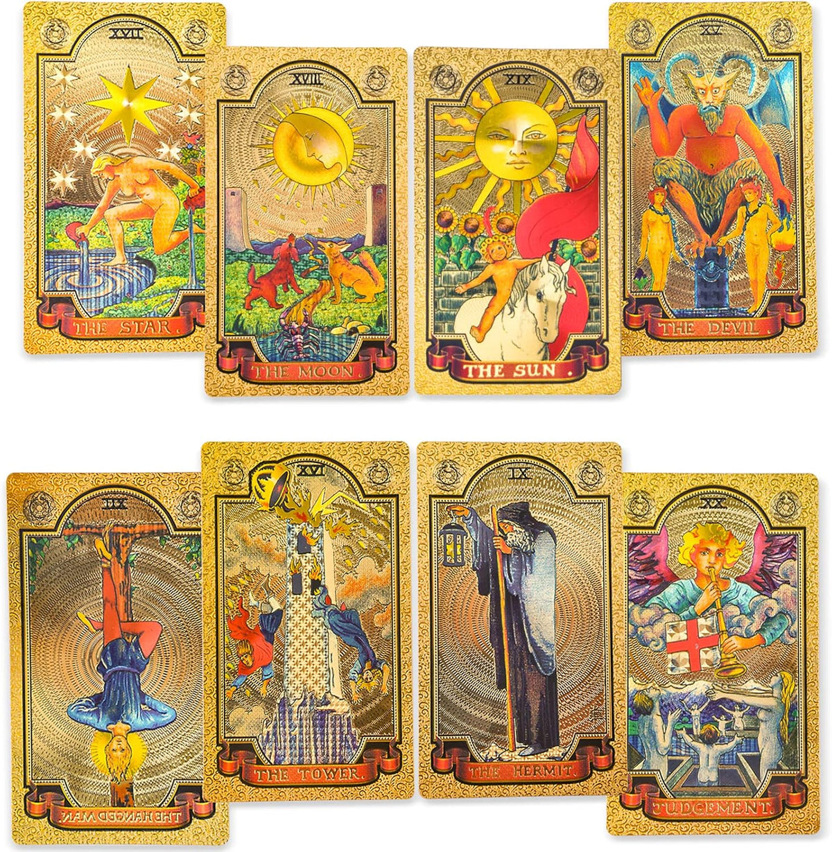 KIINO 78 gold foil tarot deck with guidebook and storage box front view