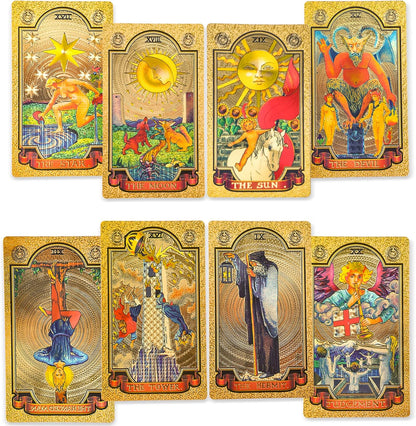 KIINO 78 gold foil tarot deck with guidebook and storage box front view