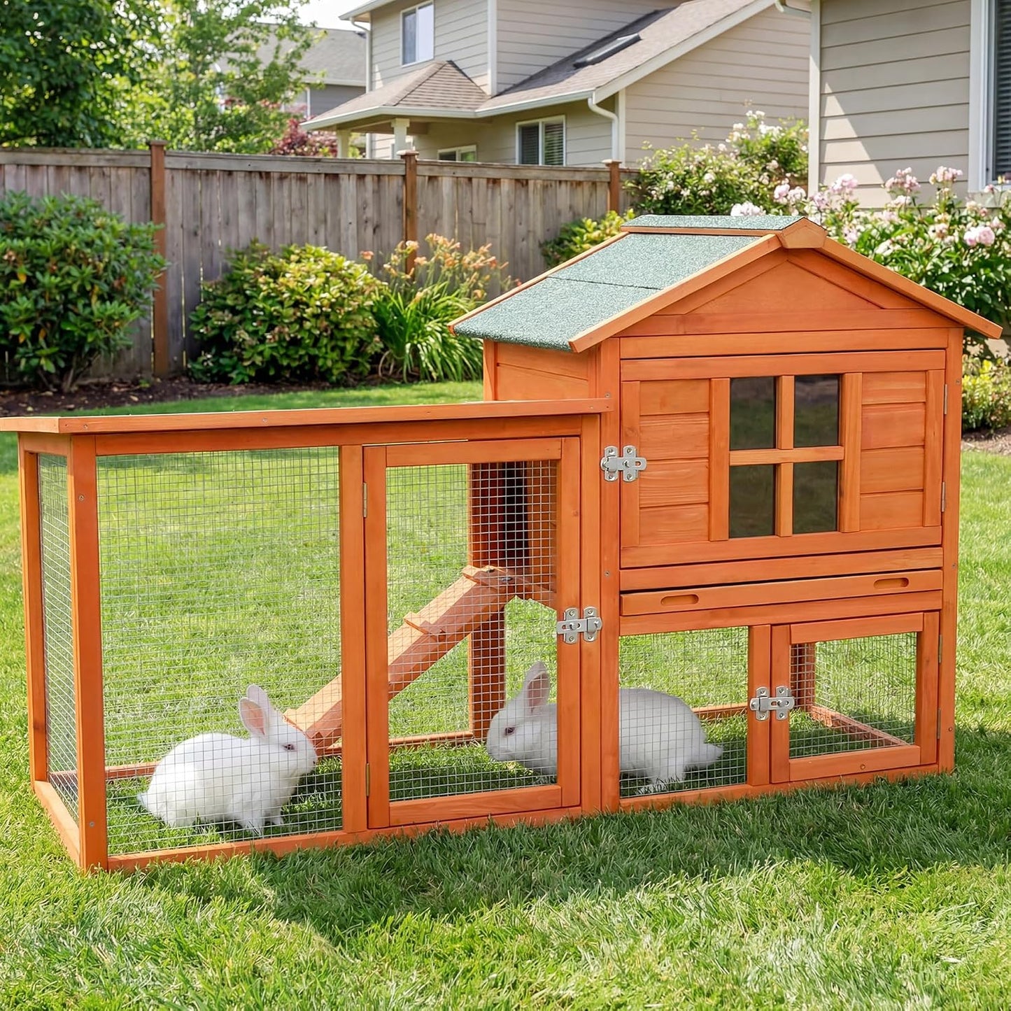 Large Outdoor Indoor Rabbit Hutch Wooden Bunny Rabbit Cage 2-Story with Run No-Leak Pull-Out Tray Waterproof Asphalt Roof Ramp for Guinea Pig Small Animal Wood Pet House Home Orange - Image 1