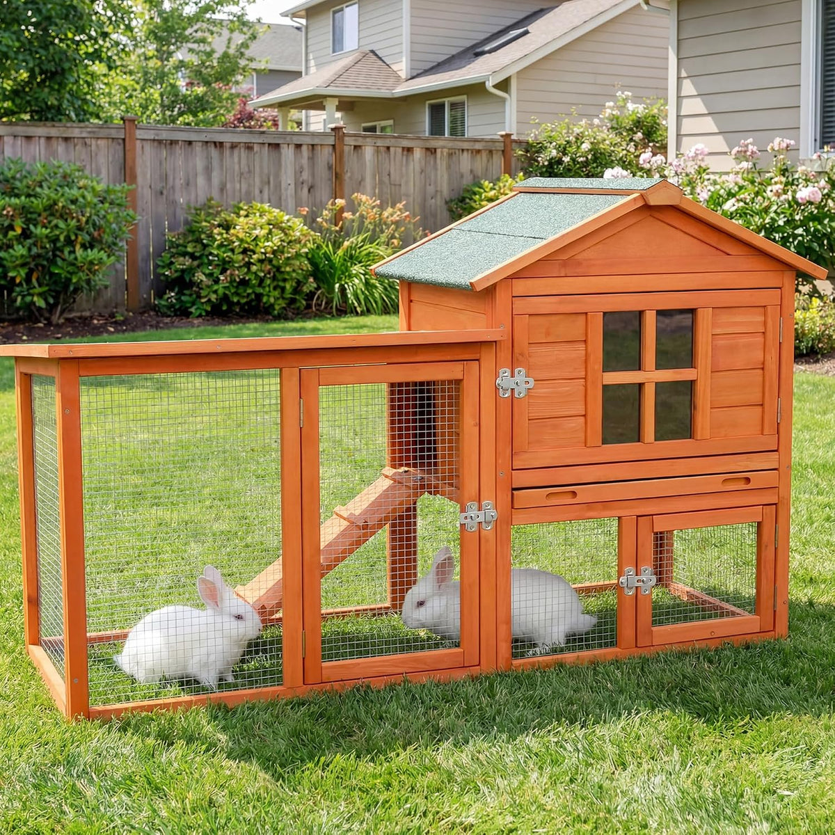 Large Outdoor Indoor Rabbit Hutch Wooden Bunny Rabbit Cage 2-Story with Run No-Leak Pull-Out Tray Waterproof Asphalt Roof Ramp for Guinea Pig Small Animal Wood Pet House Home Orange - Image 1