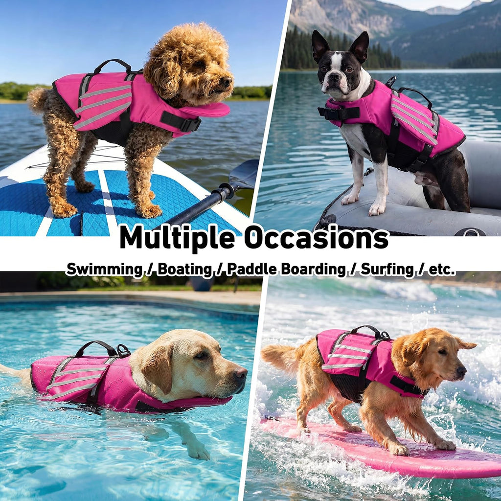 Petglad pink medium dog life vest laid flat with quick release buckles.