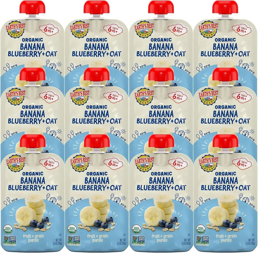 Earth's Best Organic Banana Blueberry and Oat baby food pouch front view.