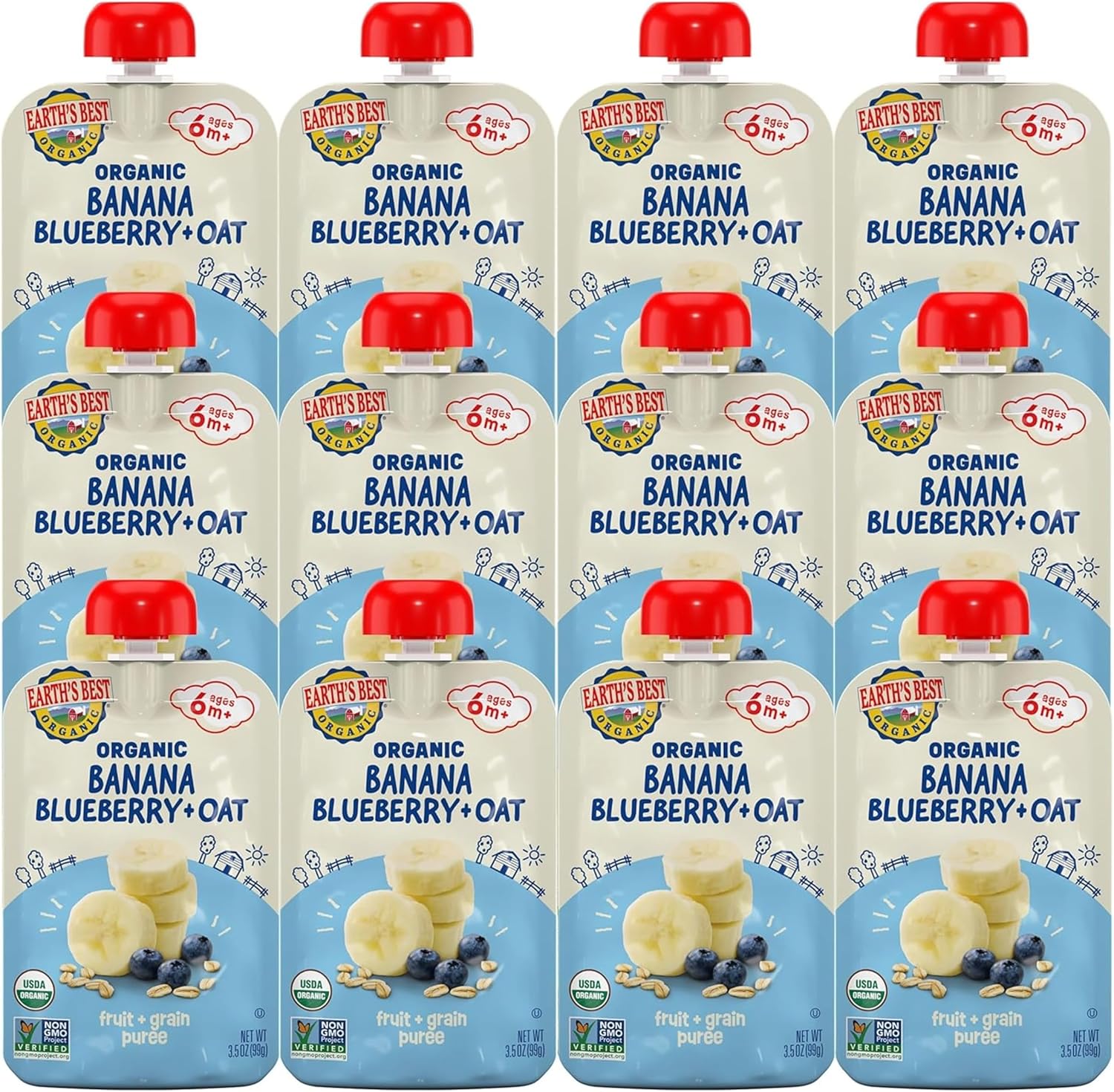 Earth's Best Organic Banana Blueberry and Oat baby food pouch front view.