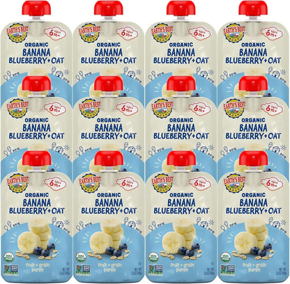 Earth's Best Organic Banana Blueberry and Oat baby food pouch front view.