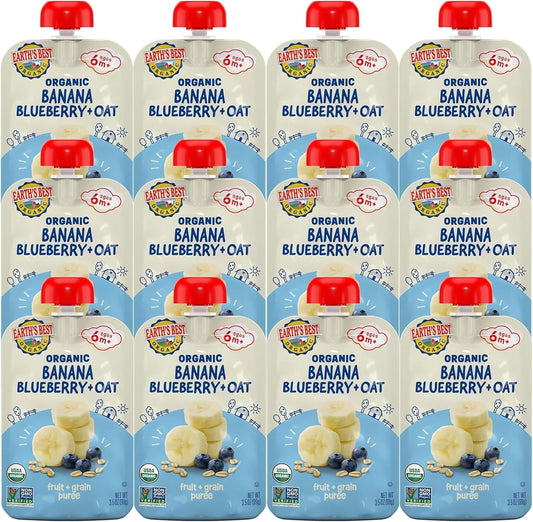 Earth's Best Organic Banana Blueberry and Oat baby food pouch front view.