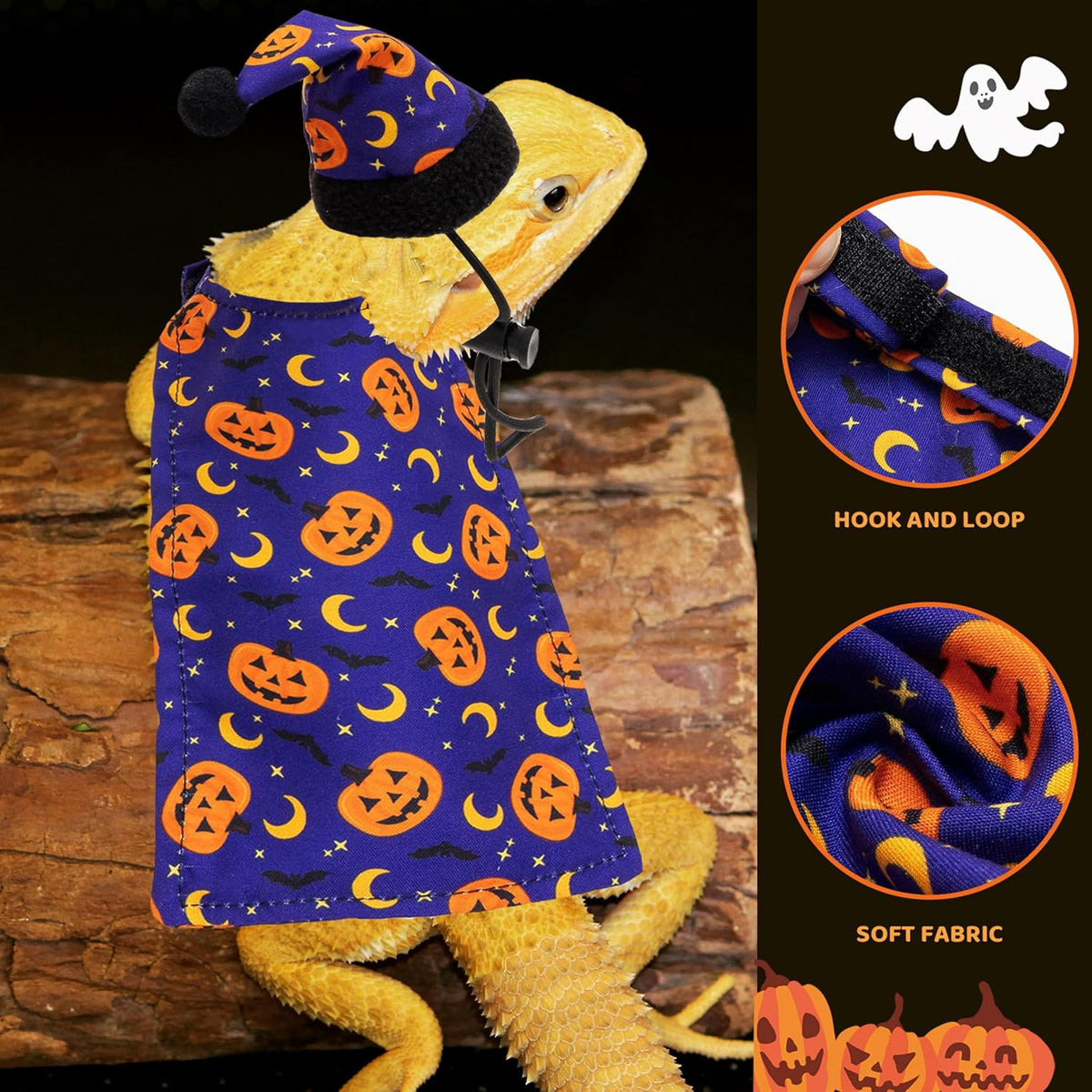 Tukoaw small pet reptile costume showing purple pumpkin pattern