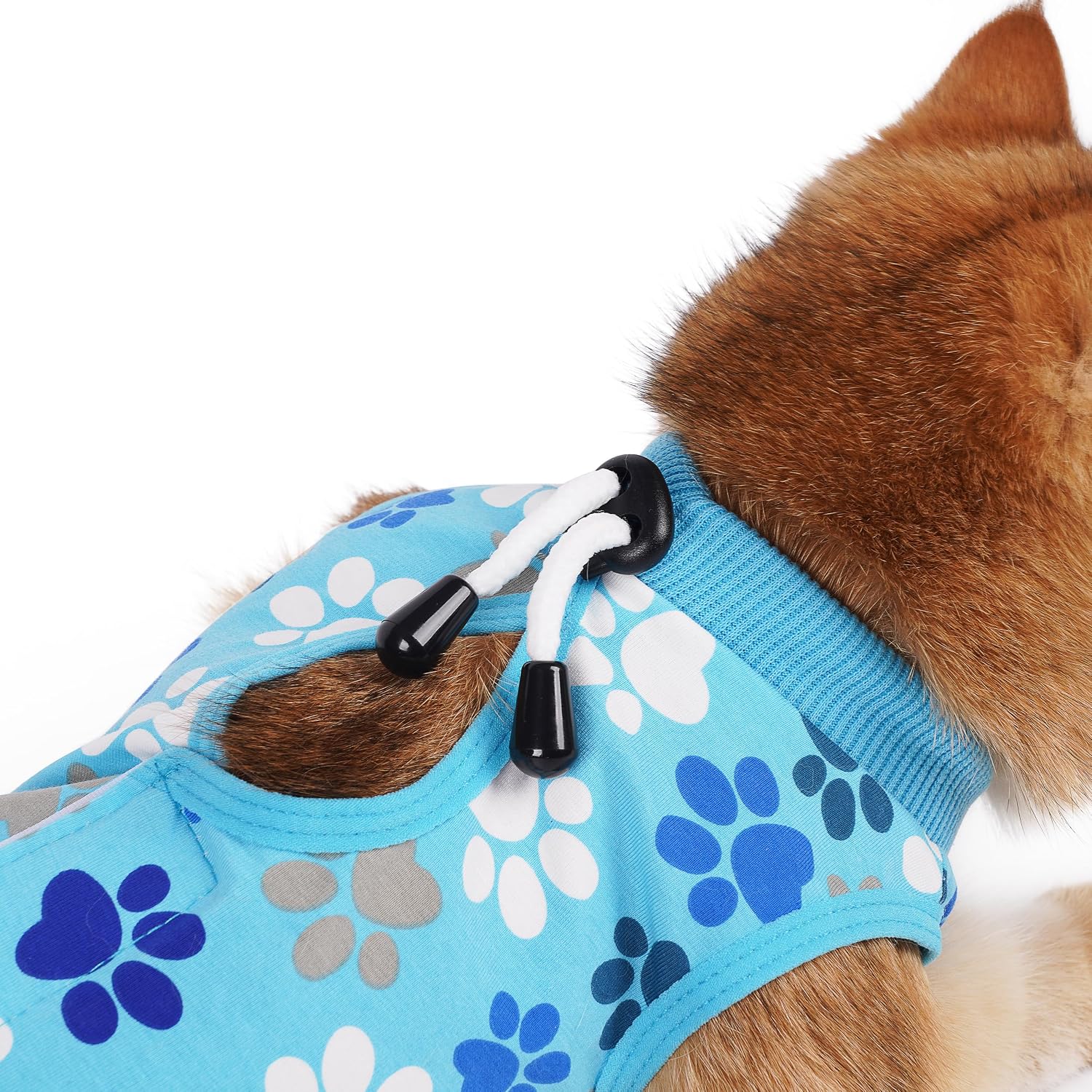 COZYDOODZ pet cone alternative suit highlighting the convenient litter box rear access.