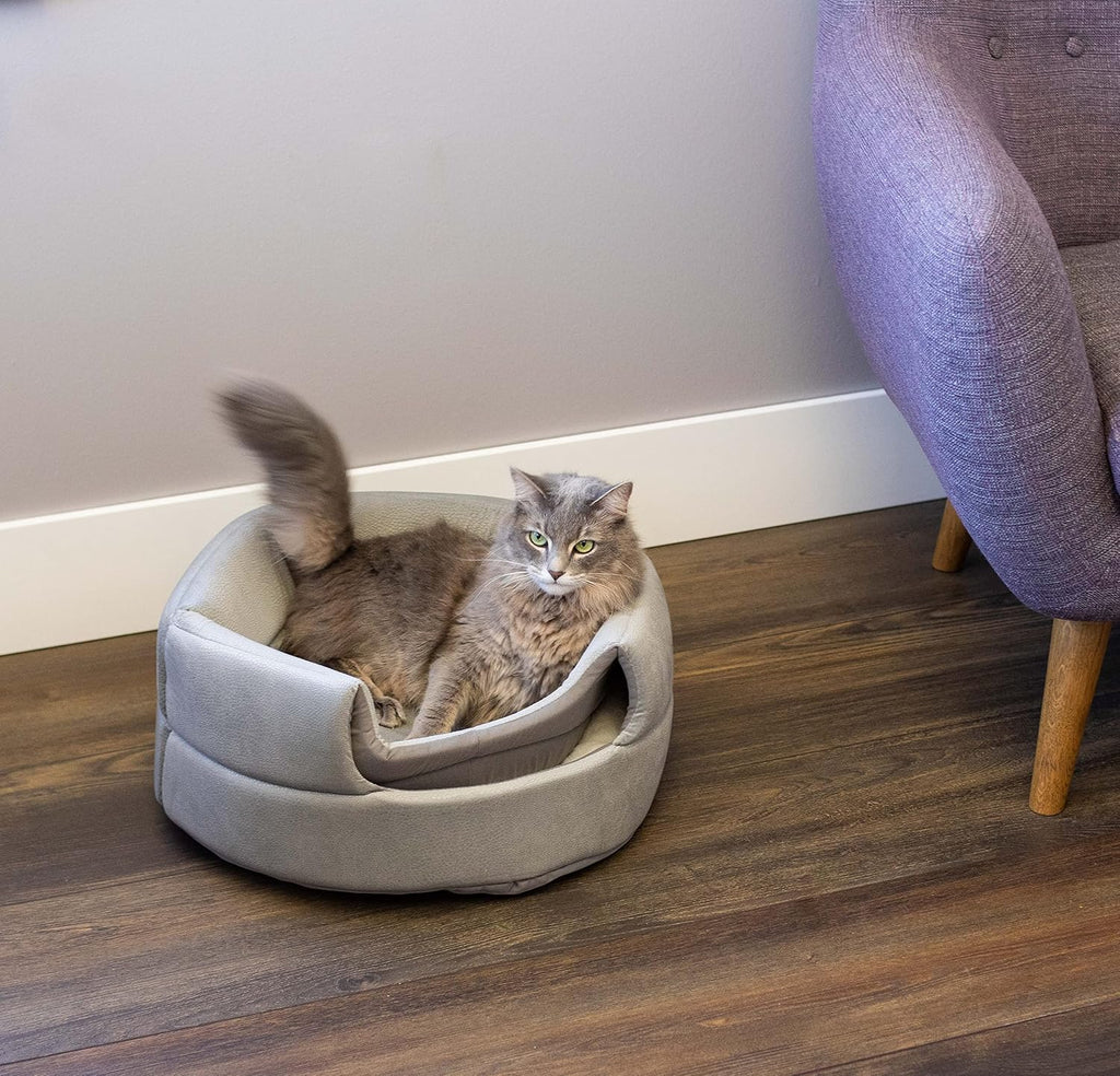 Birdrock Home grey pet cave showing detailed expert stitching and fabric close up