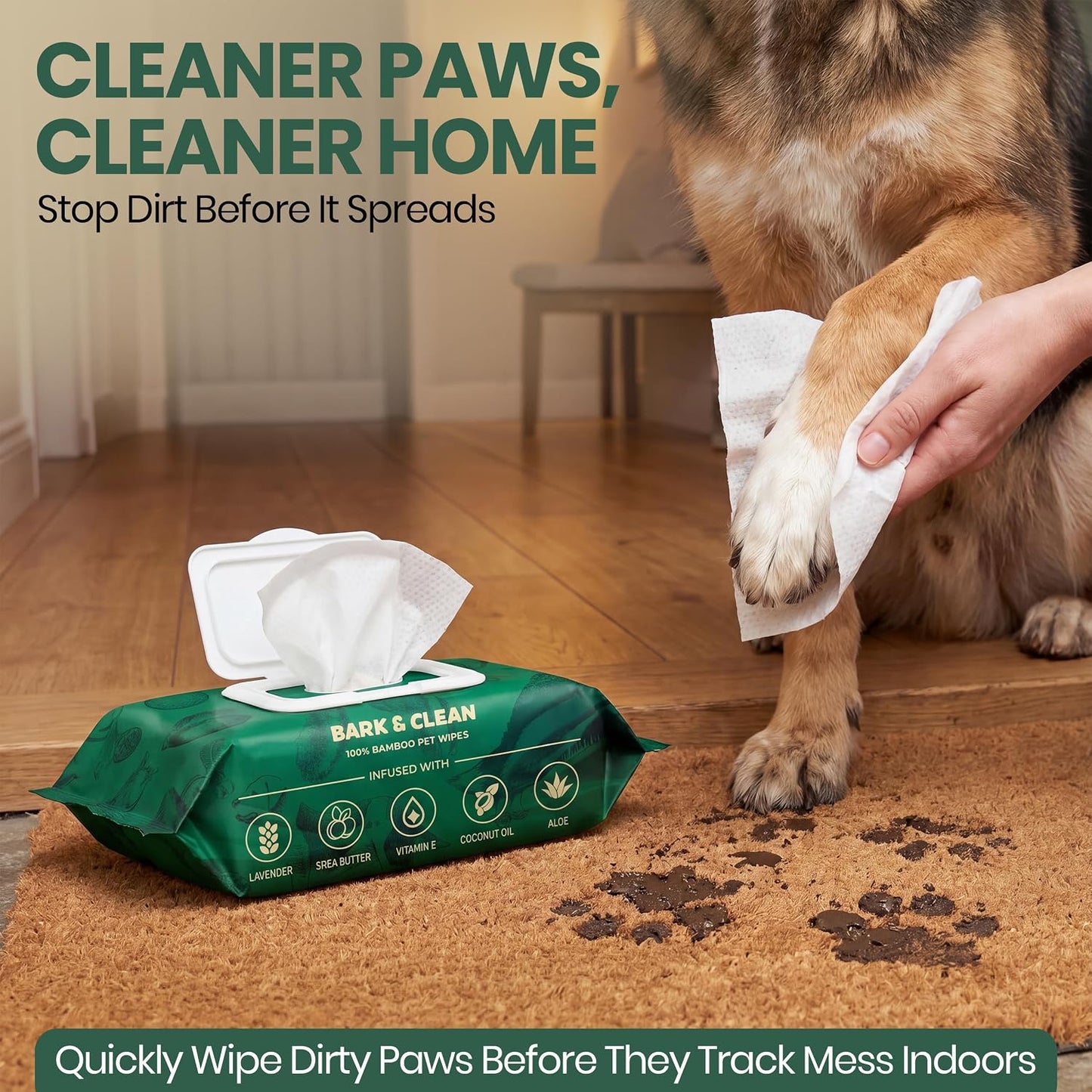 Bark And Clean pet grooming wipe packaging highlighting lavender and aloe ingredients.