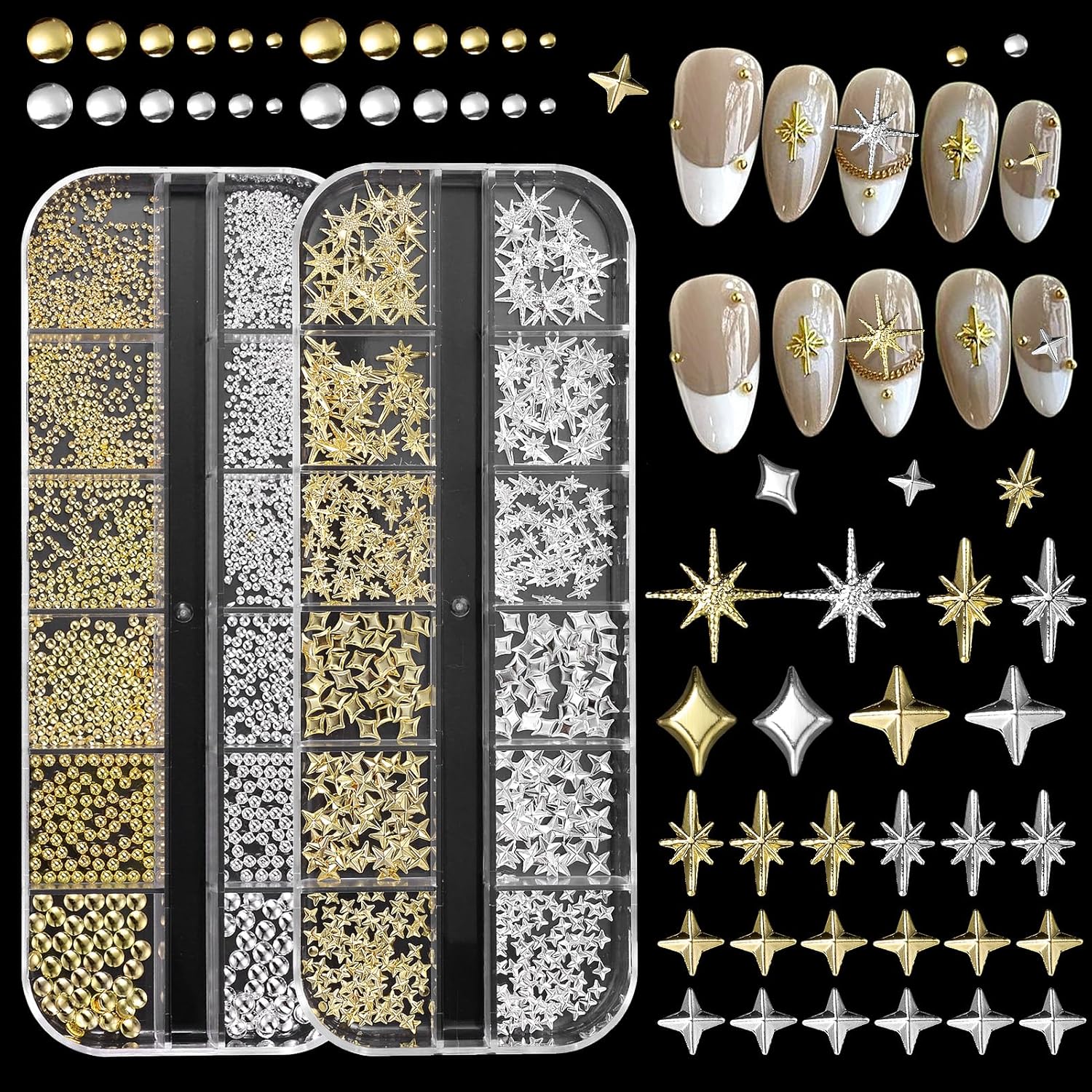 Uotey Gold Star Nail Gems Charms two compartment boxes showcasing metallic studs and silver golden caviar beads