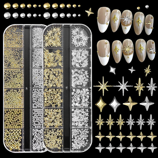 Uotey Gold Star Nail Gems Charms two compartment boxes showcasing metallic studs and silver golden caviar beads