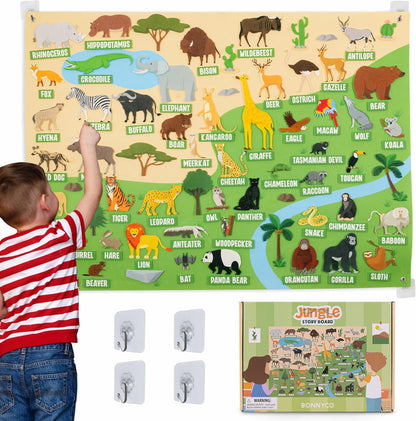 BONNYCO Felt Board for Toddlers front view showing full jungle animal layout on a wall.