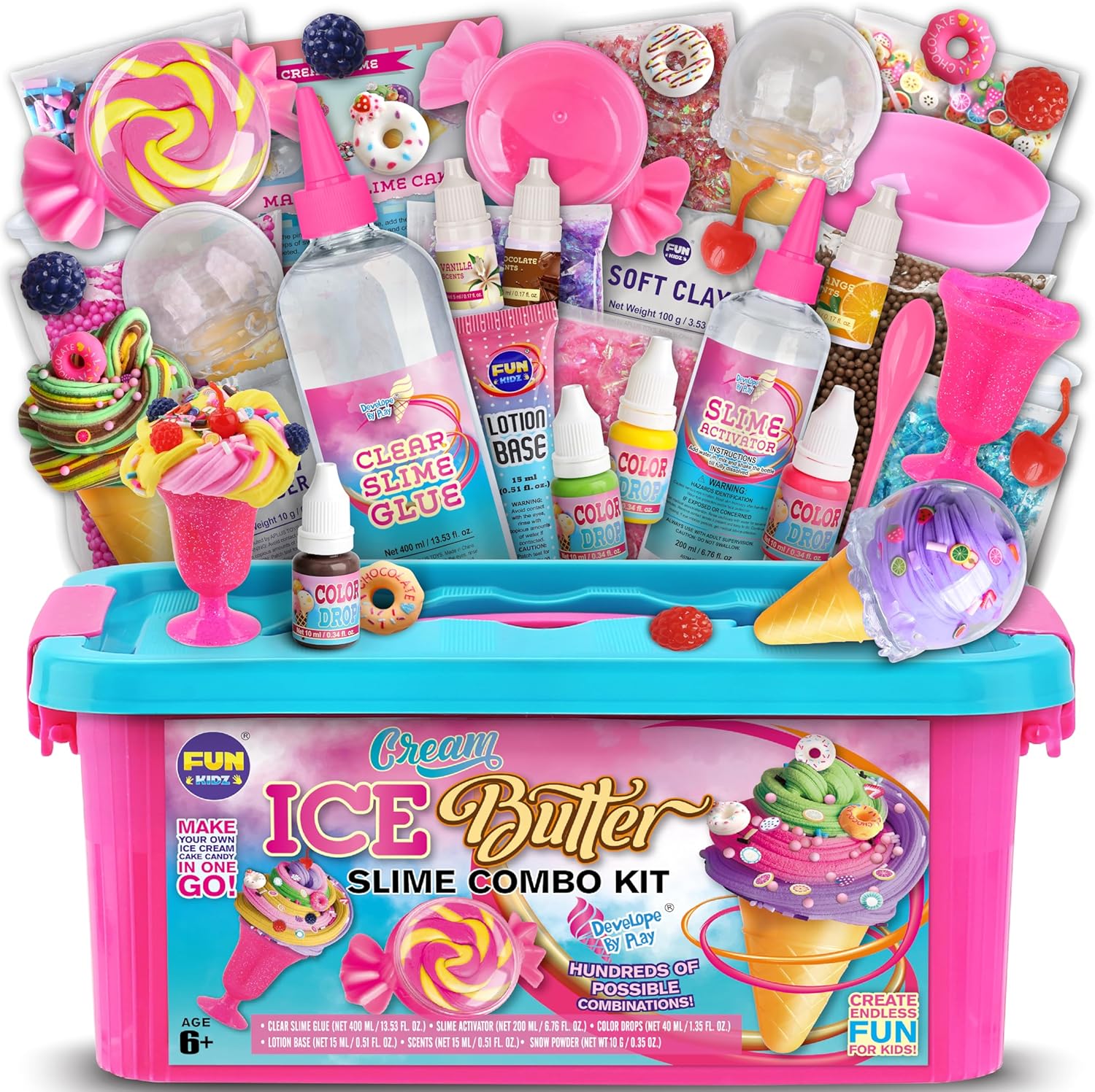 FUN KIDZ Ice Cream Butter Slime Kit front view of packaging box showing colorful dessert themed slime creations.