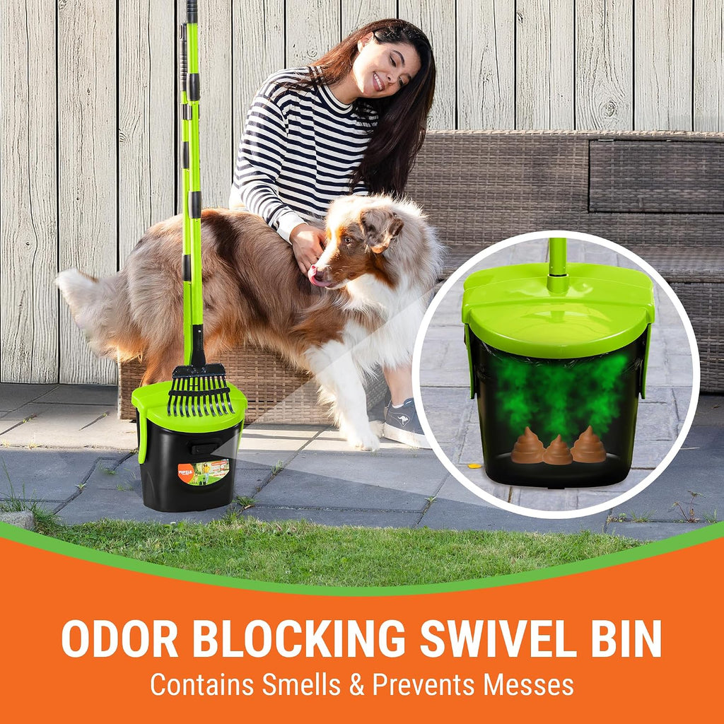 Pupzle green odor blocking swivel bin close up with steel rake