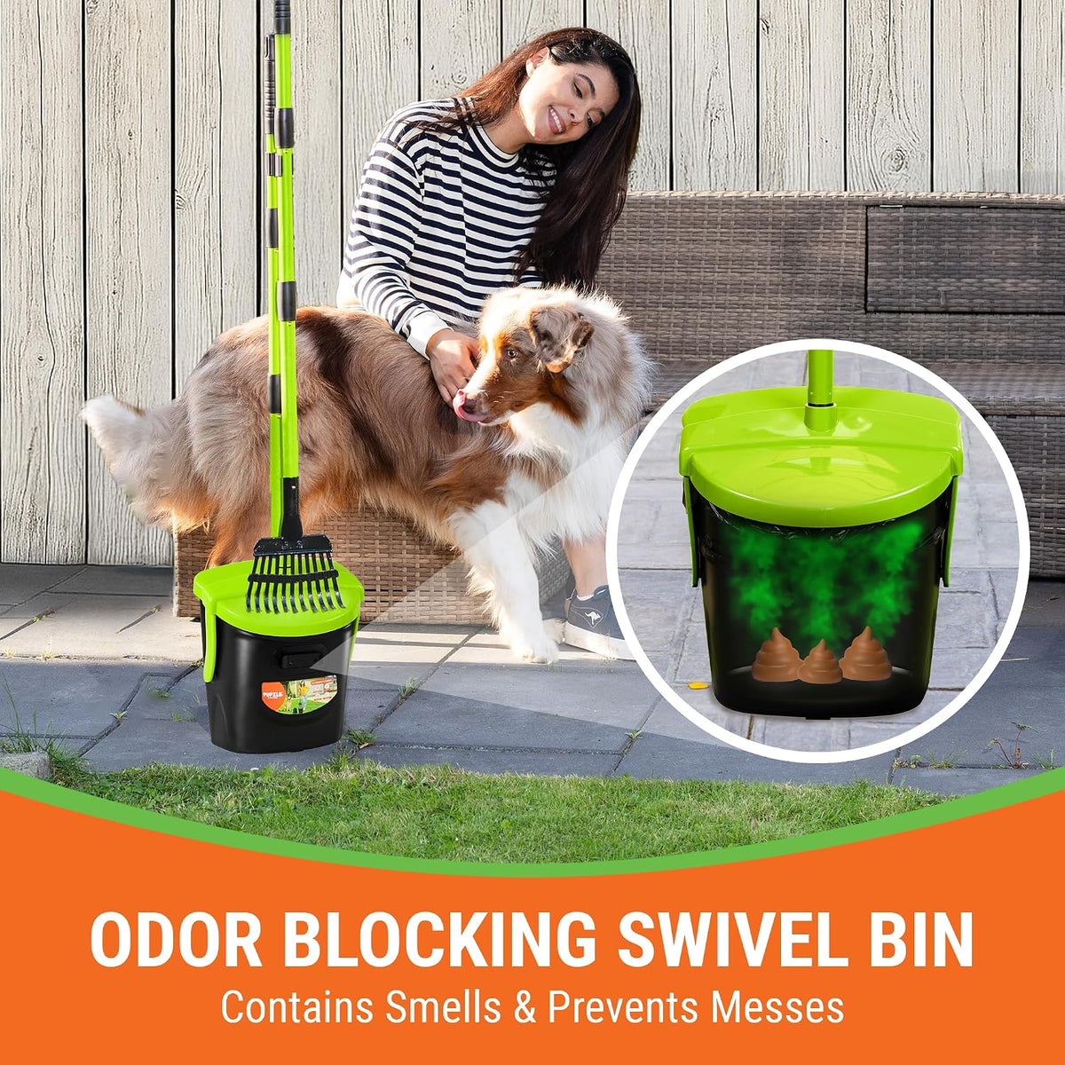 Pupzle green odor blocking swivel bin close up with steel rake