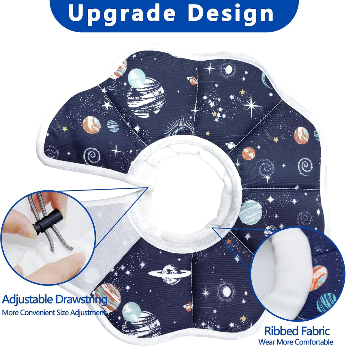 Feline wearing a cosmic design soft pet cone while sleeping comfortably on a cushion