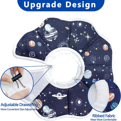 Feline wearing a cosmic design soft pet cone while sleeping comfortably on a cushion