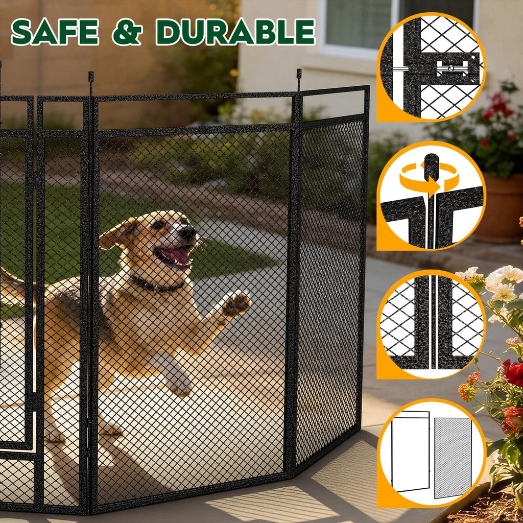 Heavy duty 16 panel pet playpen configured in an outdoor backyard setting.