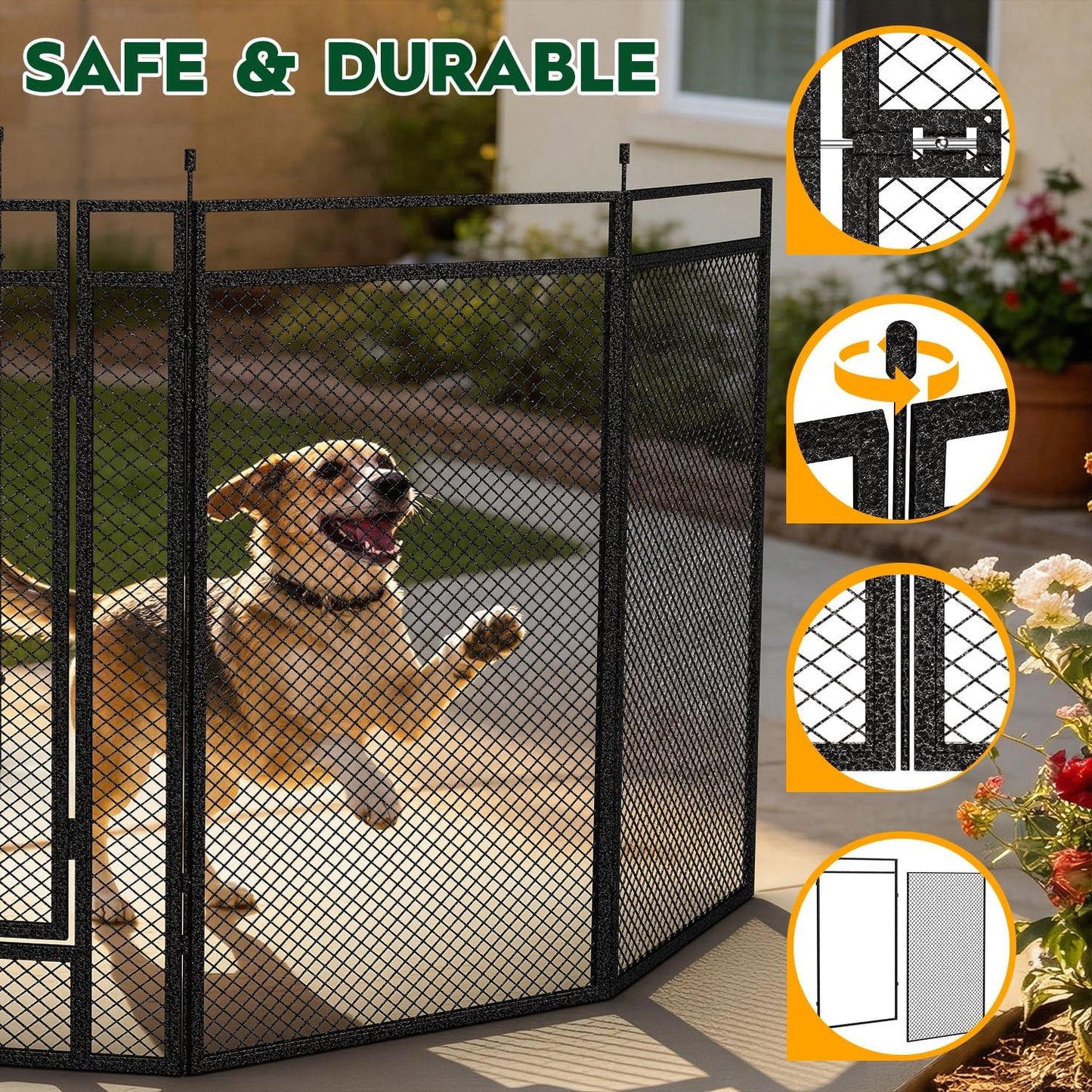 Heavy duty 16 panel pet playpen configured in an outdoor backyard setting.