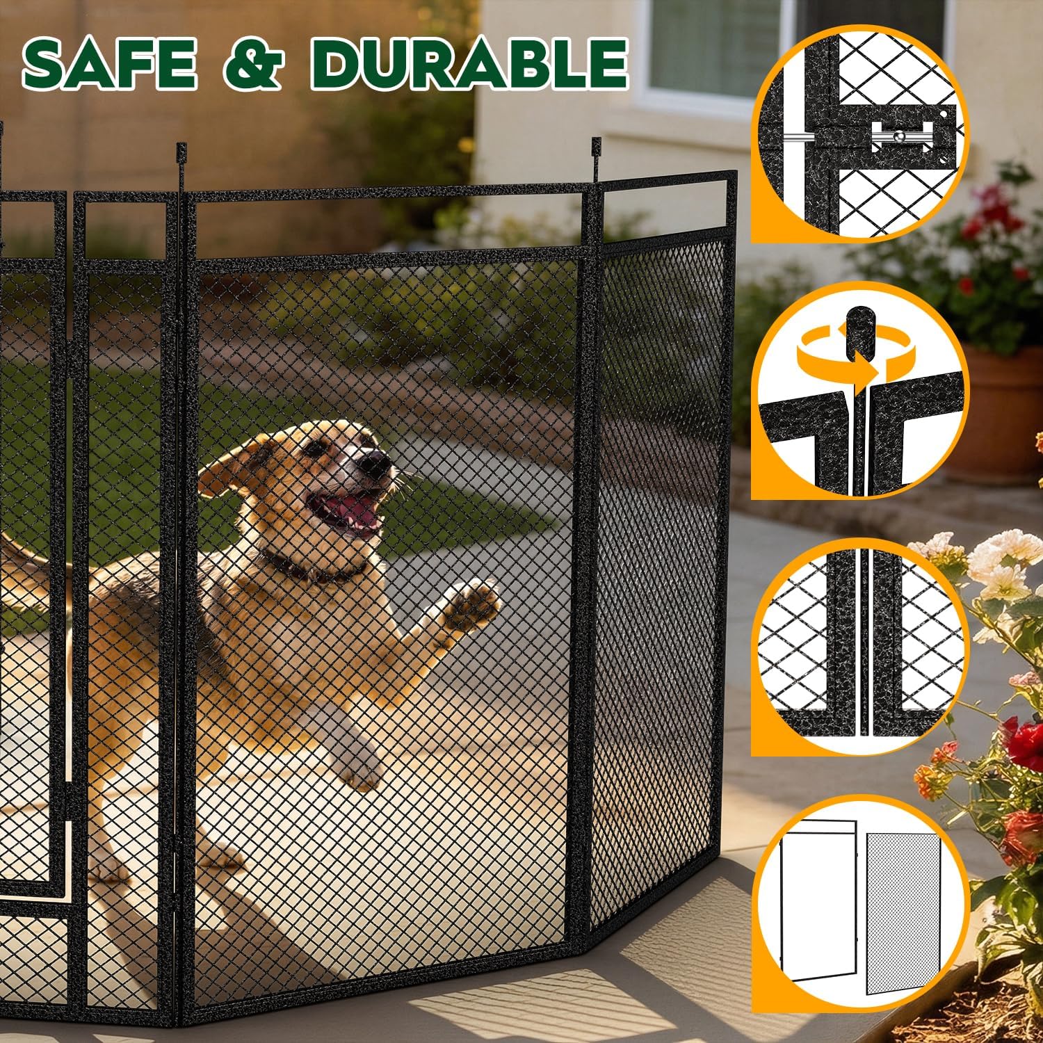 Heavy duty 16 panel pet playpen configured in an outdoor backyard setting.